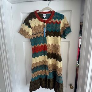 HUNTER BELL Teal, Red & Cream Wavy Knit Mini Dress